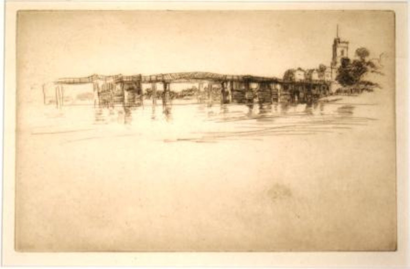 Print showing the little Putney bridge and a stone building printed in dark ink on cream colored paper.