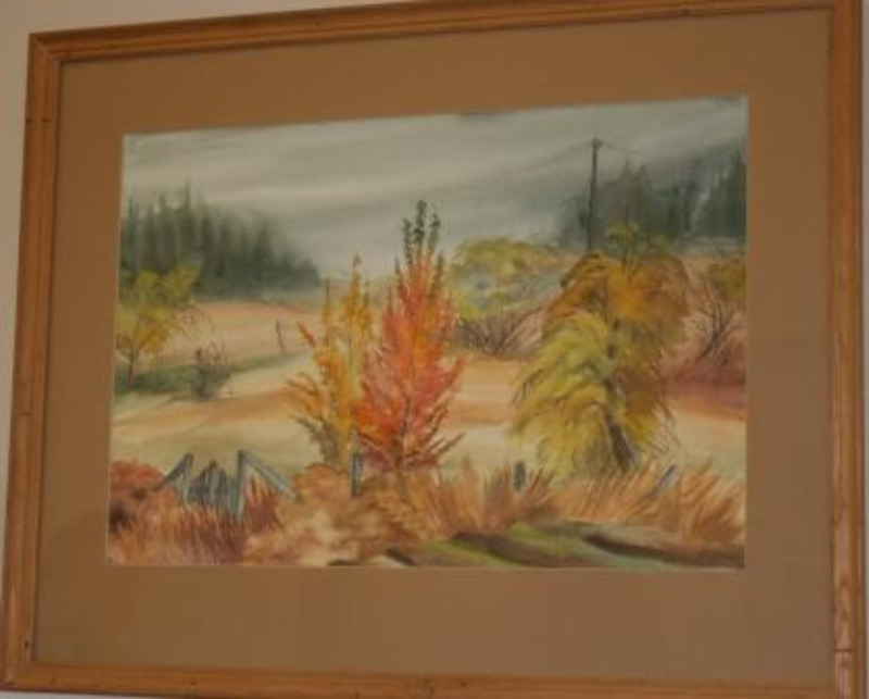 Painting showing firebrush in grassy landscape with dark trees in the background.