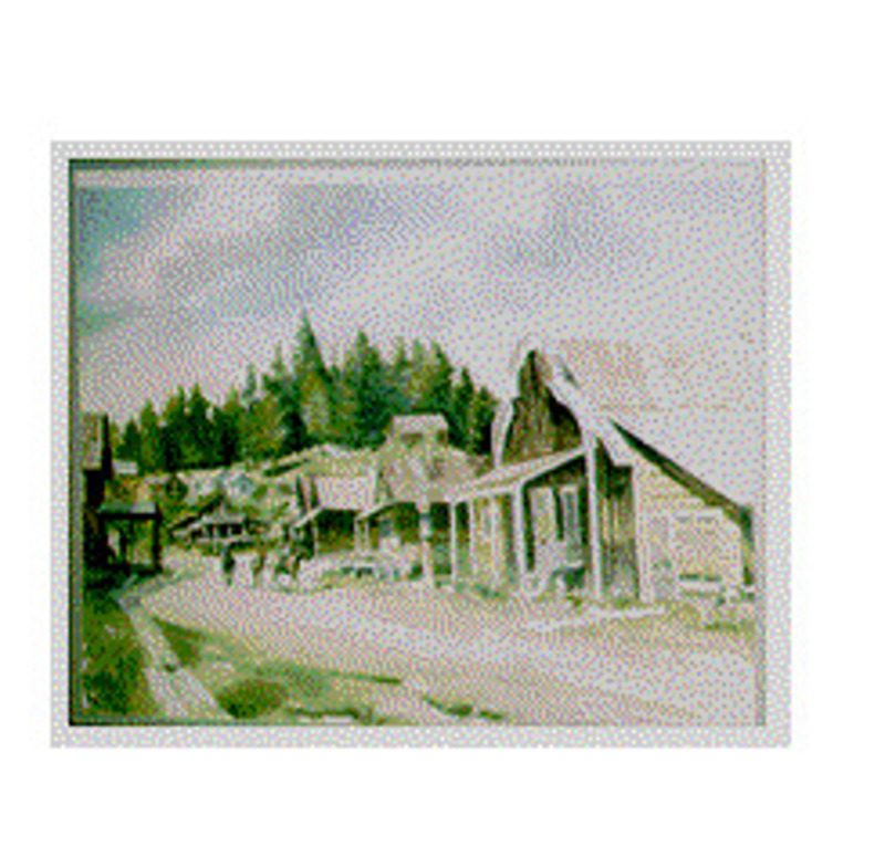 Painting showing wooden buildings along a dirt road with trees in the distance. Displayed using an olive green matte in a dark wood frame.