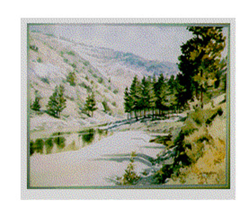 Painting showing a river running through a landscape of trees and dry hills. Displayed using an olive green matte in a dark wood frame.