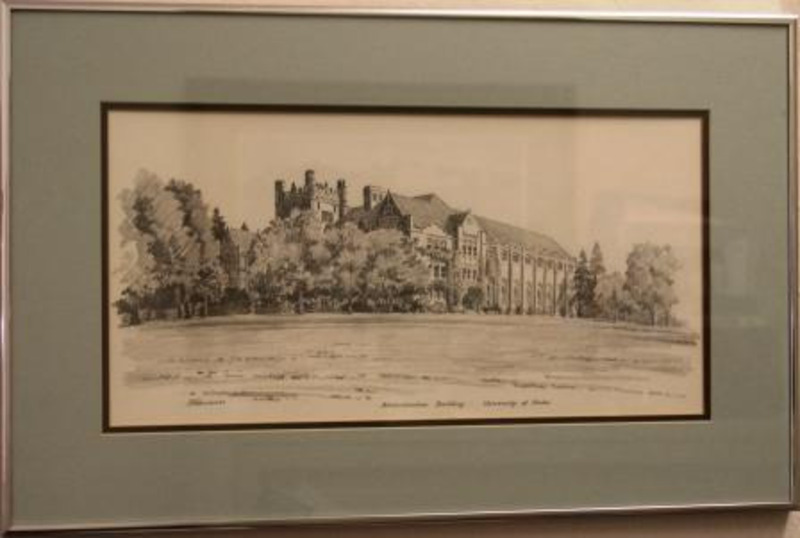 Graphite drawing showing the University of Idaho Administration building surrounded by trees from across a field. Displayed using a gray trimmed pale green matte in a silver metal frame.