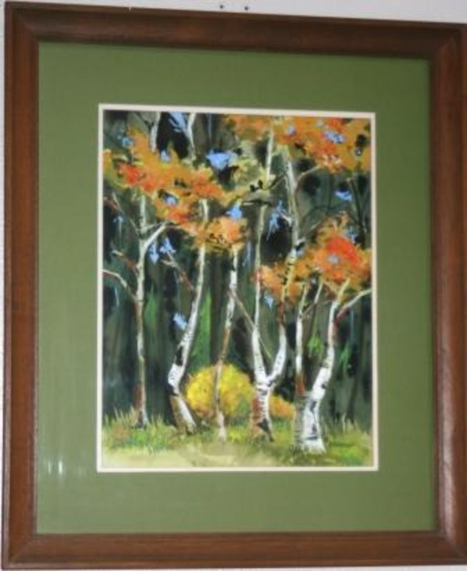 Painting showing a stand of golden0leafed aspen trees in a forest. Displayed using a green matte in a wooden frame.