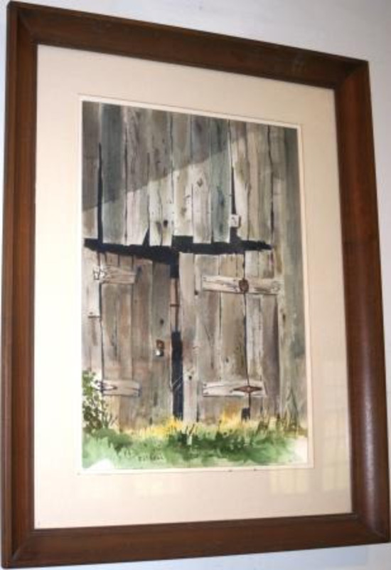 Painting showing doors in a rough wooden wall. Displayed using a cream matte in a wooden frame