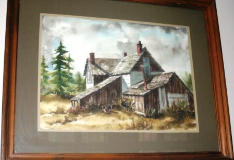 Painting showing a wood-sided homestead near a forest. Displayed using a tan-trimmed grey matte in a wooden frame.