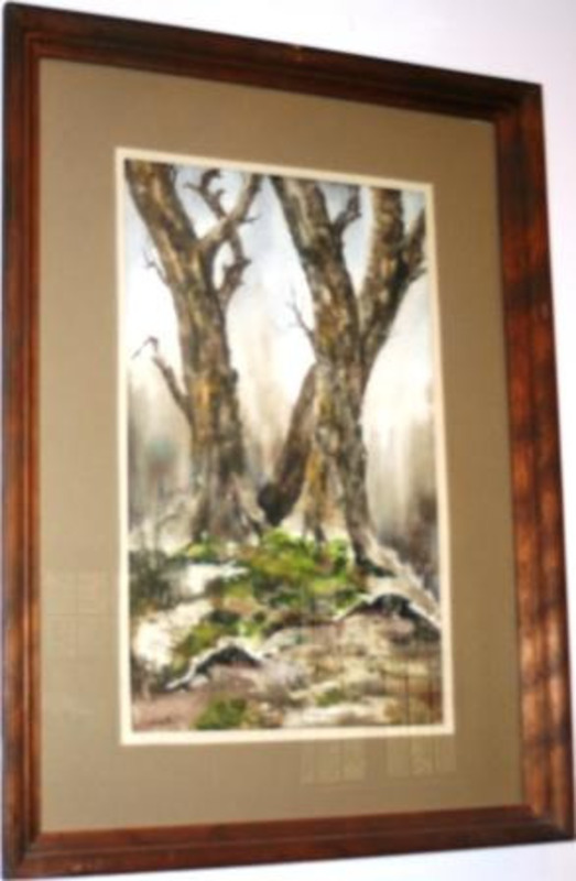 Painting depicting three winding tree trunks growing from mossy ground. Displayed using a grey-trimmed brown matte in a wooden frame.