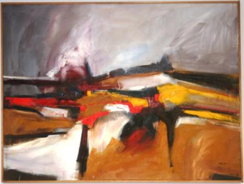 Abstract painting using grey, black, yellow, red, and orange lines. Displayed in a  wooden frame.