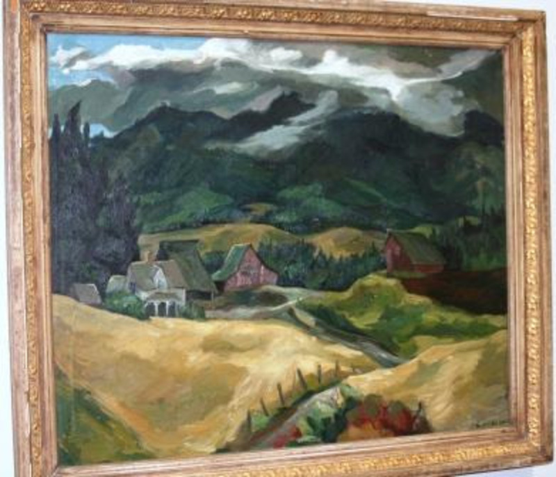 Painting showing a landscape of rolling hills and fields with red barns and large mountains in the background.