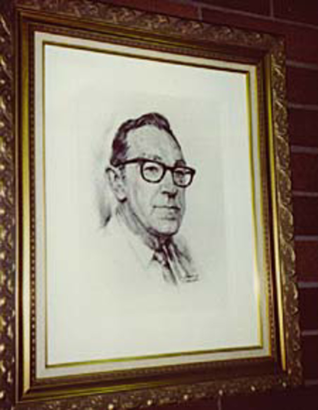 Drawn portrait of Sherman Bellwood using graphite on paper. Displayed under glass with a white matte in an ornate frame.