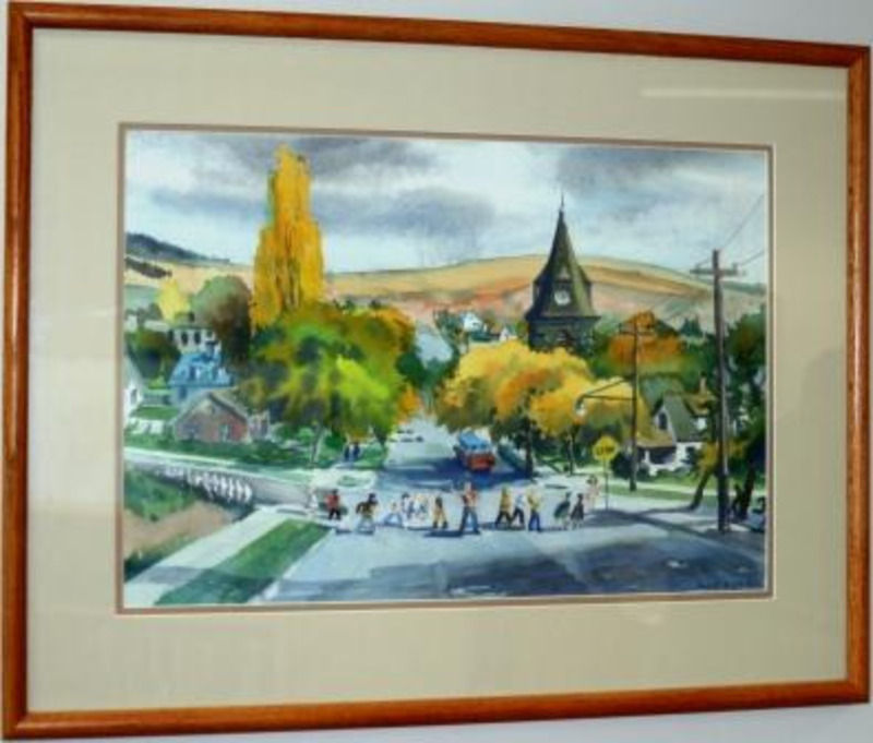 Painting showing children crossing a town street with a church, autumnal trees and rolling hills in the background.