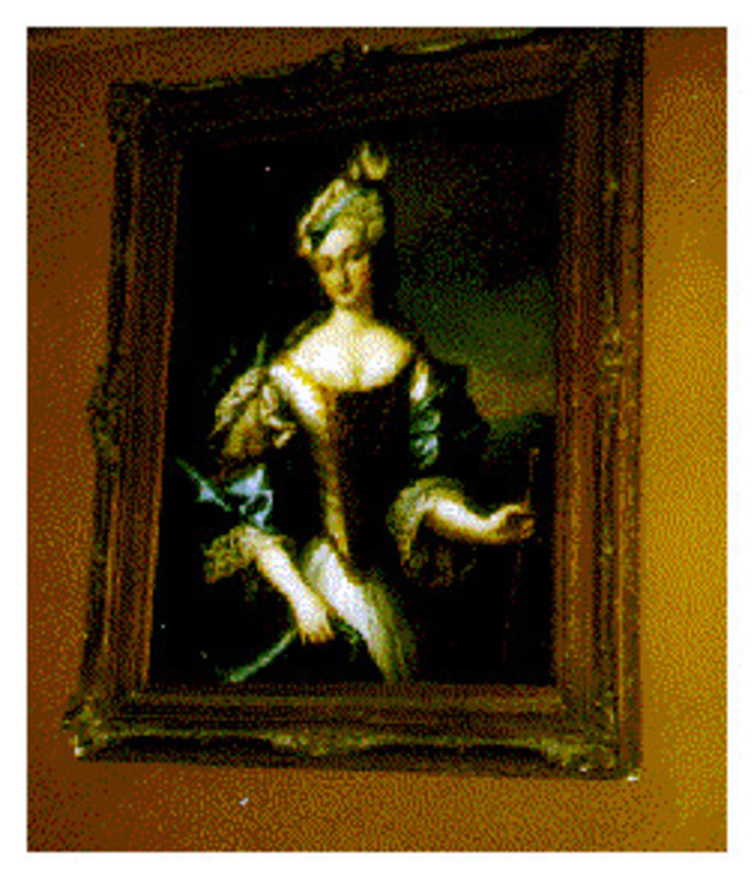 Painting showing an actress in costume. Displayed in a decorative frame.