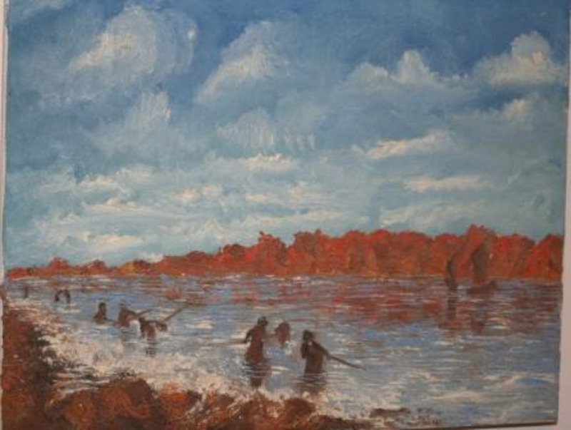 Painting showing people working together in the water underneath a blue sky.