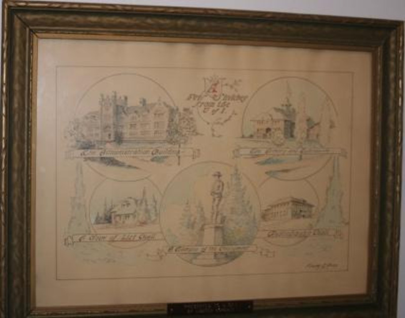 Sketches of four buildings and a monument on the university of Idaho campus. Displayed under glass in an ornate frame.