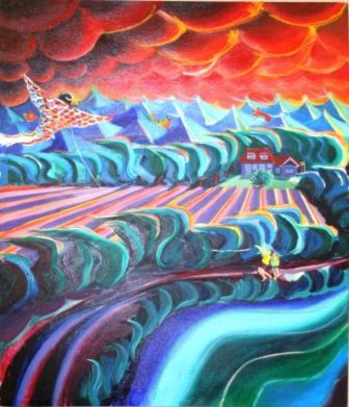 Painting showing two people flying a above a colorful landscape of trees, fields and mountains beneath a sky of red clouds.
