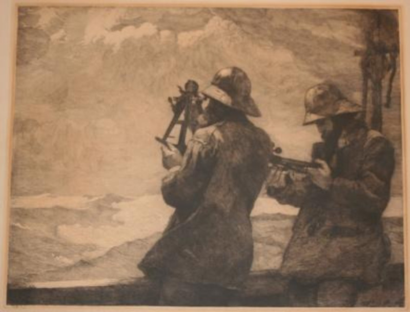 Print of two men in raincoats and hats navigating using a sextant.