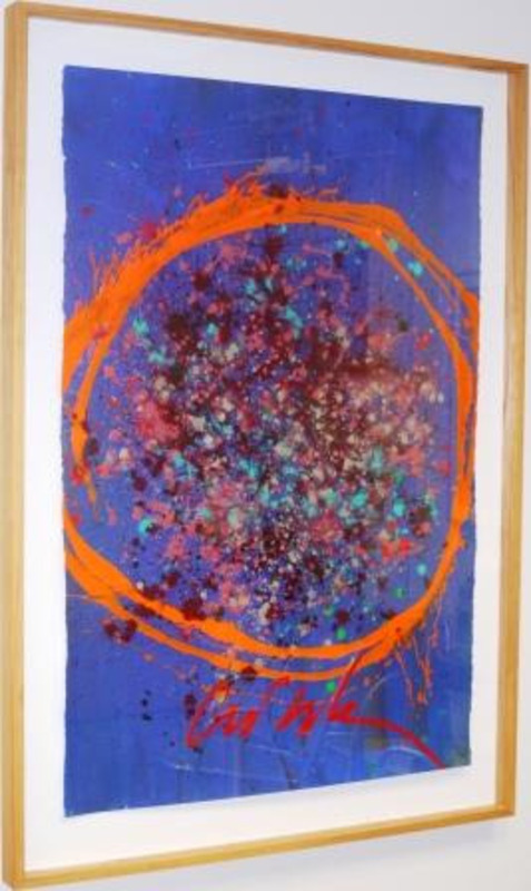 Abstract painting showing two rough orange circles surrounding points of color on a purple background.