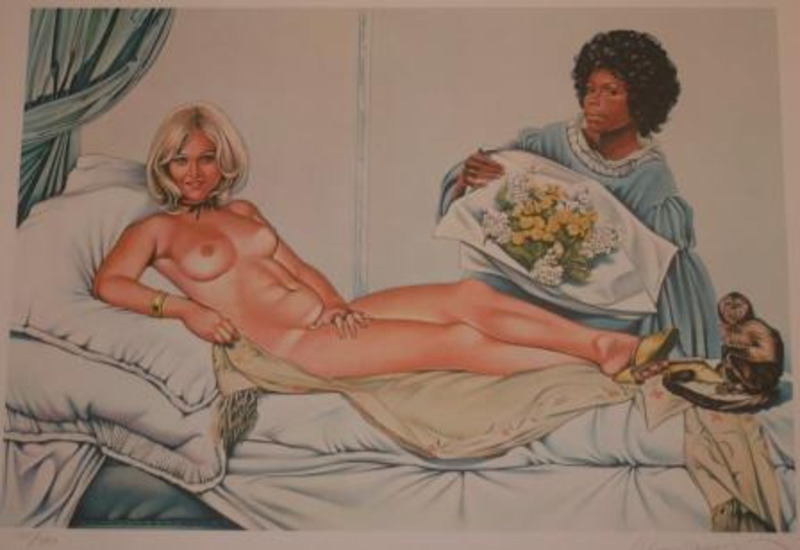 Collotype print showing a nude woman reclining on a bed next to a monkey in front of a woman holding a bouquet of yellow and white flowers. Stored in archival portfolio.