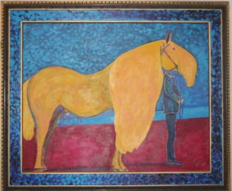 Painting depicting a person leading a bright yellow horse. Displayed in a painted wooden frame.