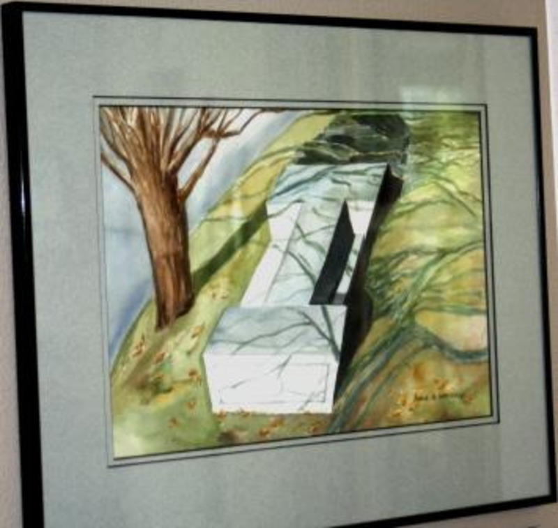 Painting showing a stone bench in the shape on an "I" in the shadow of a bare tree surrounded by grass. Displayed using a gray matte in a black metal frame.