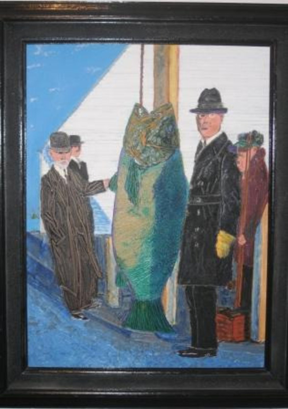 Painting showing four men are a large hanging fish,. Displayed using a black wooden frame.