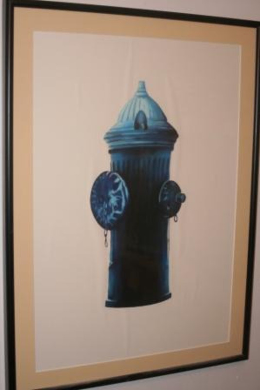 Color pencil drawing showing a blue hydrant. Displayed using a buff matte in a black wood frame.