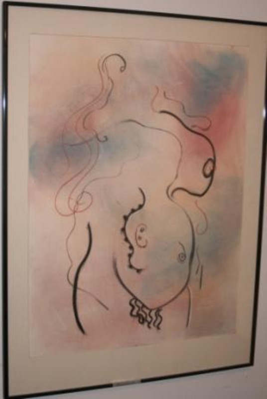 Drawing of abstract lines on paper colored in pastel colors. Displayed using a cream matte in a black metal frame.