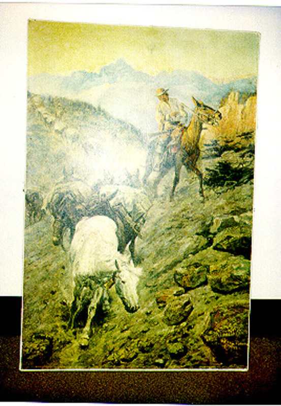 Print showing a pack horse and rider on horseback on a rocky mountainside. Print mounted on canvas.
