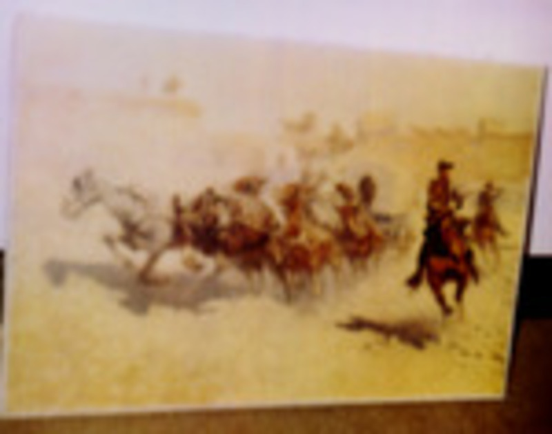 Print showing people riding horses on the plains. Print mounted on canvas.