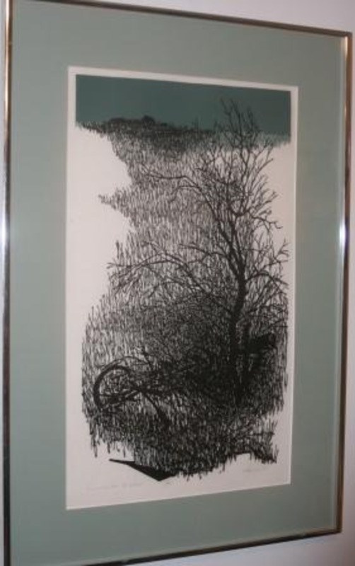 Block print using black ink to depict a bare tree surrounded by debris and grass. Displayed using a cream matte in a silver metal frame. Labeled as print #4 of 60.