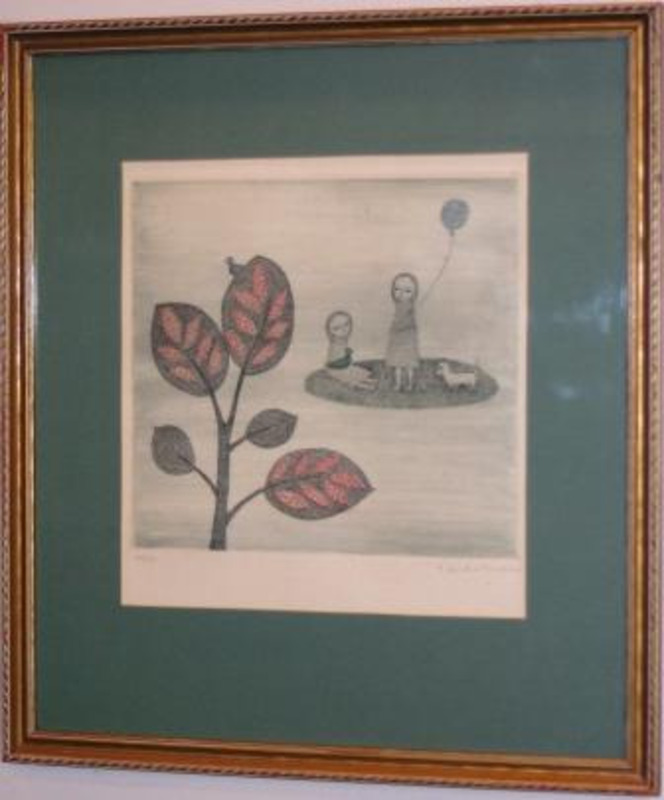 Intaglio print depicting a tree next to two figures and a dog, one is holding a string leading to a blue balloon. Displayed using blue and green mattes in a gilt wooden frame.
