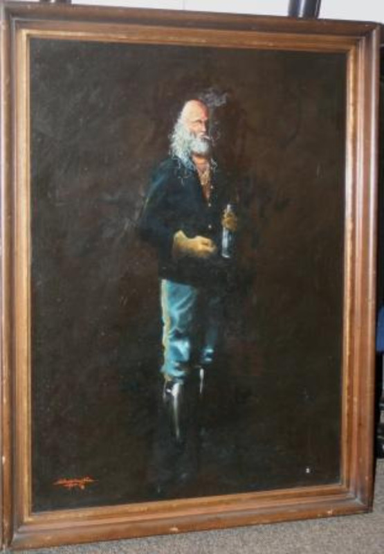 Painting of a bald man with a bushy beard holding a bottle while smoking a cigarette standing in front of a dark background. Displayed in a wooden frame.