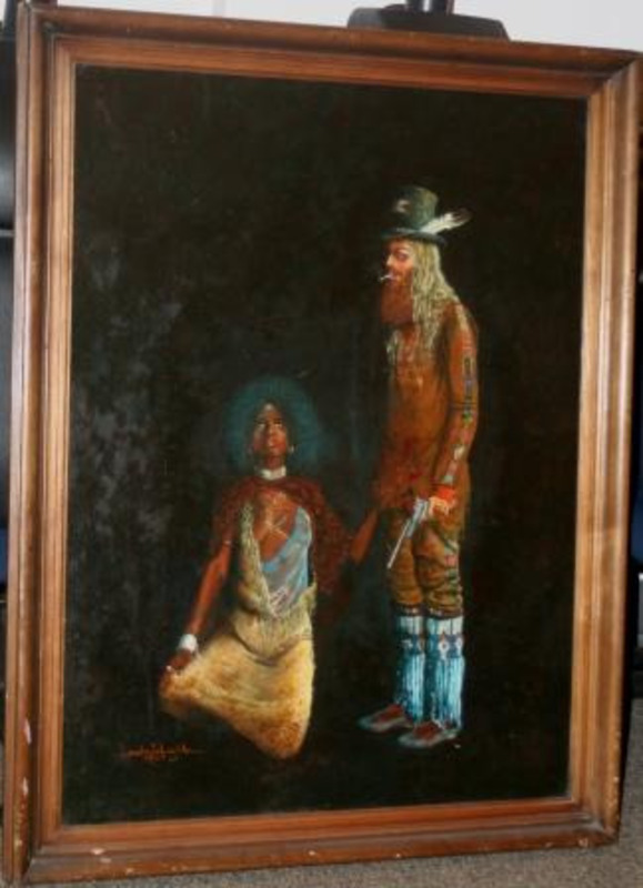 Painting of a dark skinned woman kneeling beside a standing man with a large, bushy beard holding a gun and wearing a feathered hat. Displayed in a wooden frame.