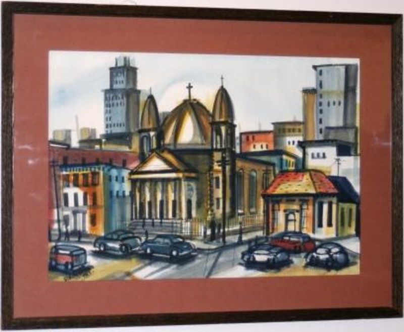 Painting depicting a large ornate church surrounded by buildings and cars. Displayed with a dark brown and rust matte in a wooden frame.
