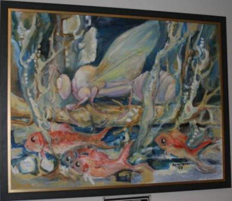 Painting showing an underwater scene of colorful bugs and fish.