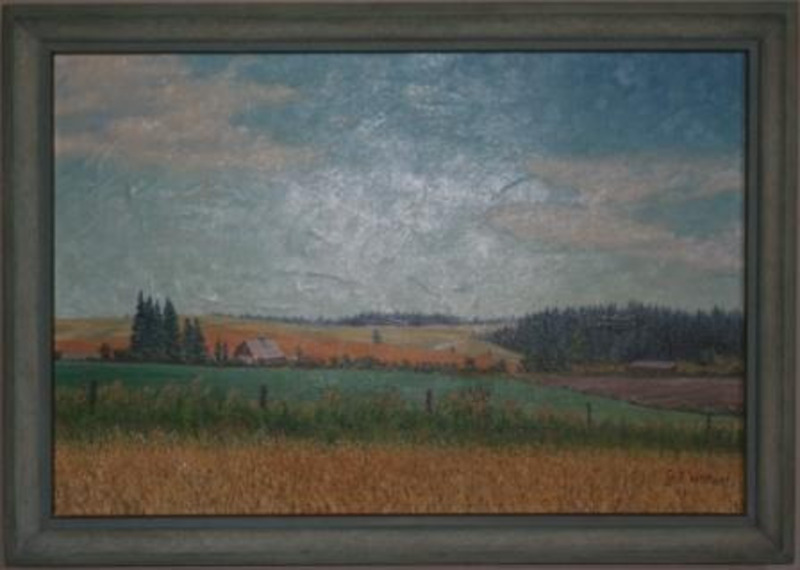 Painting showing a farmstead in a landscape of forests and fields beneath blue skies. Displayed in a green wooden frame.