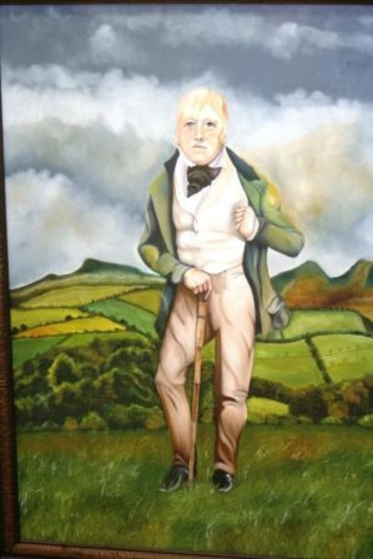 Painting showing Sir Walter Scott wearing a green suit jacket standing on a grassy field in front of rolling hills and dark skies. Commissioned by Earl Larrison.