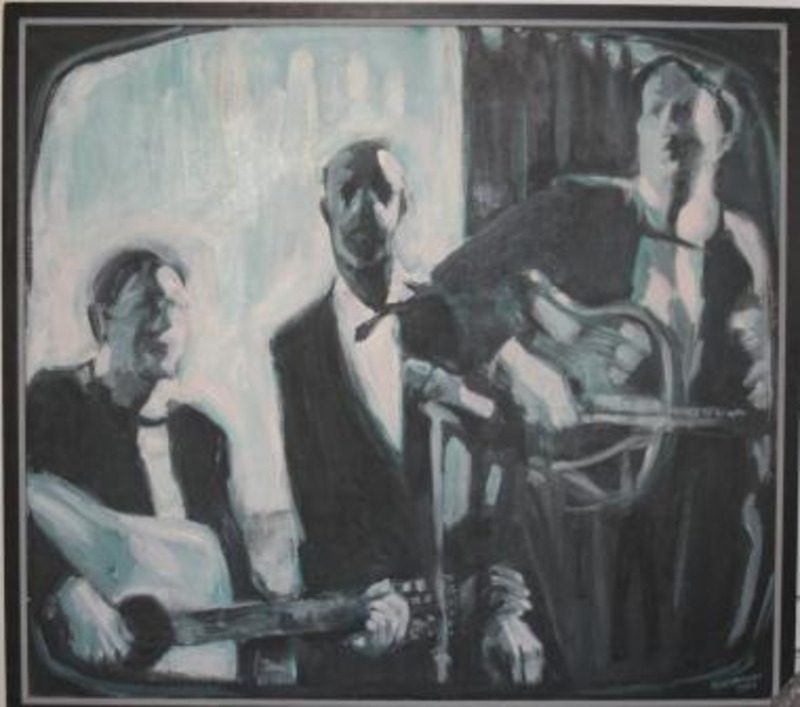 Painting depicting a singer and two musicians performing on a black and white television screen.