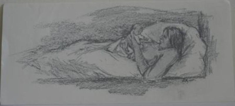 Lithograph showing a woman laying in bed, holding a baby in her hands. Printed using black ink on a grey card.