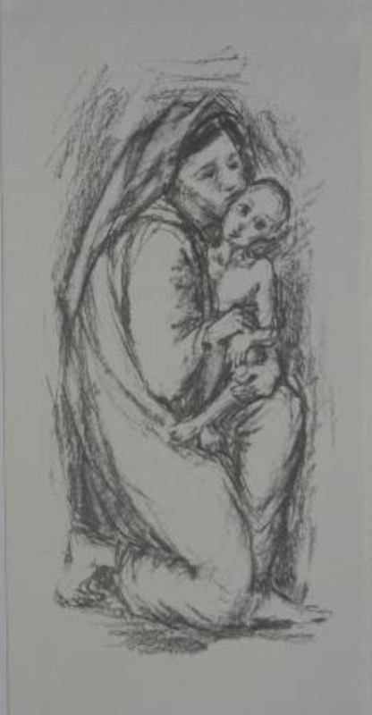Lithograph of a woman kneeling, cradling a baby. Printed using black ink on a grey card.