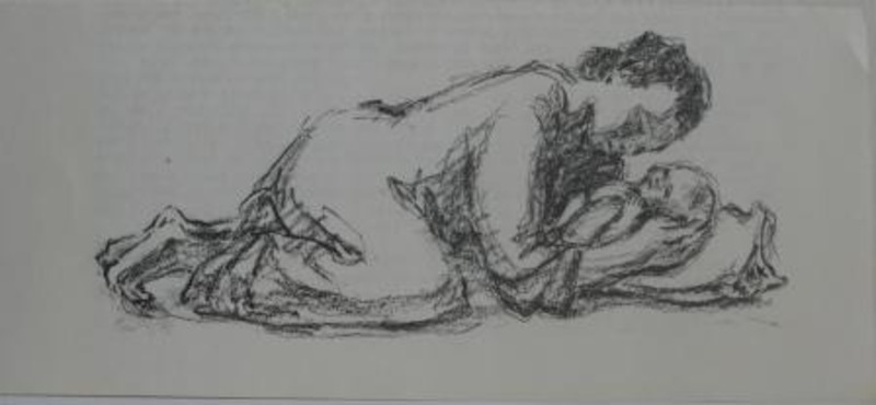Lithograph showing a woman laying over a baby lying on a pillow. Printed using black ink on a grey card.