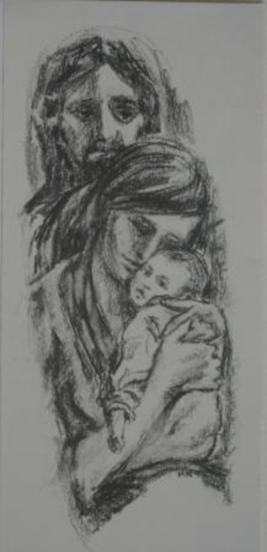 Lithograph showing a woman cradling a baby in front of a man's face. Printed using black ink on a grey card.