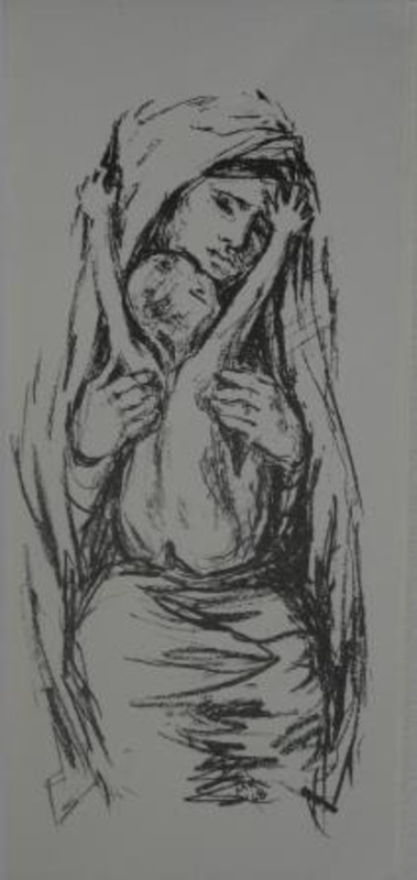 Lithograph showing a woman holding a baby with its arms stretched upward on either side of her face. Printed using black and white ink on a grey card.