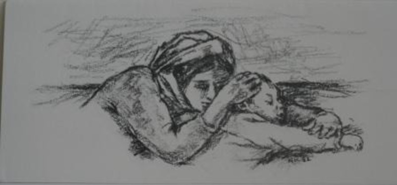Lithograph showing a woman sleeping next to a young child. Printed using black ink on a grey card.