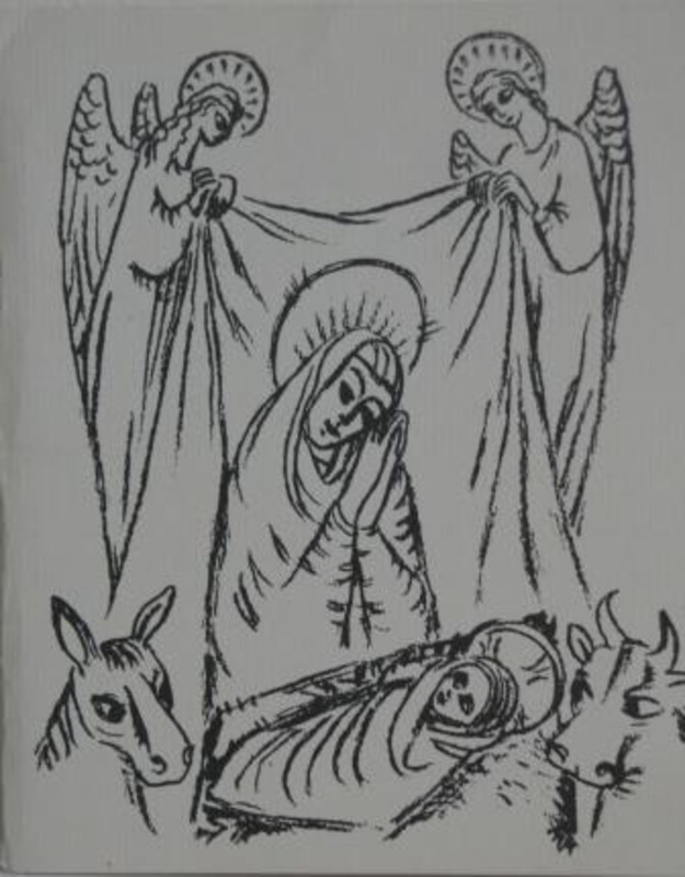 Lithograph showing angels holding a cloth behind a woman looking down on a baby in a manger. Printed with black ink on a greeting card.