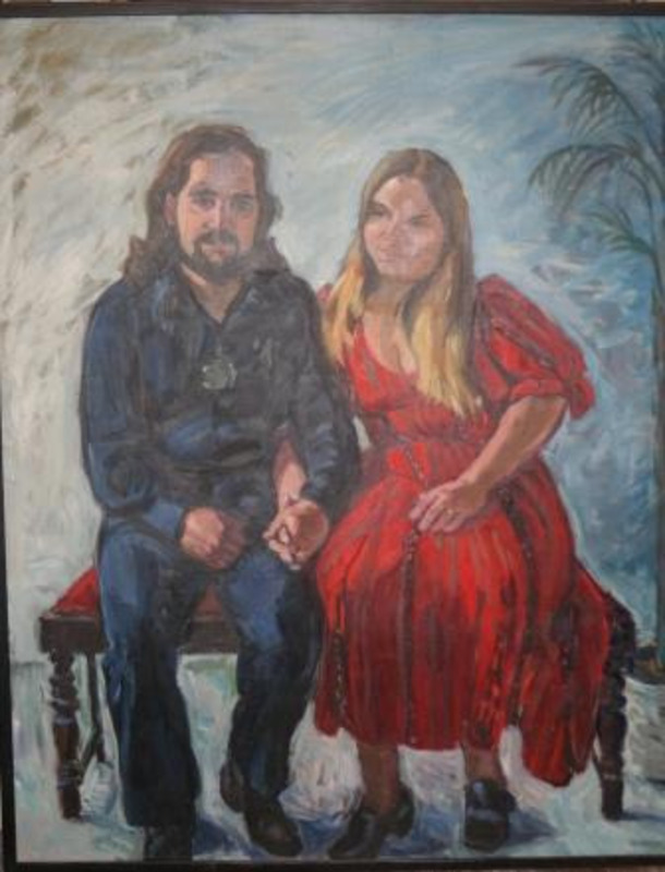 Painting of a bearded man and a woman in a red dress sitting together while holding hands.