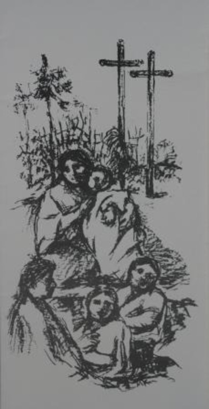 Lithograph of women with children, crosses visible in background. Printed with black ink on a card.