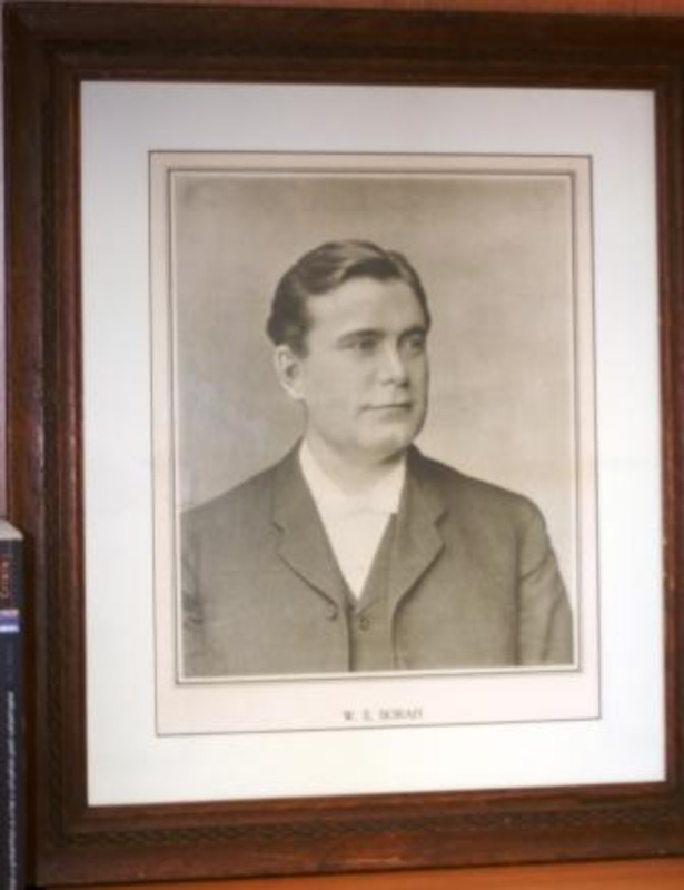 Black and white portrait photograph of Senator William Edgar Borah. label reads "W. E. Borah".