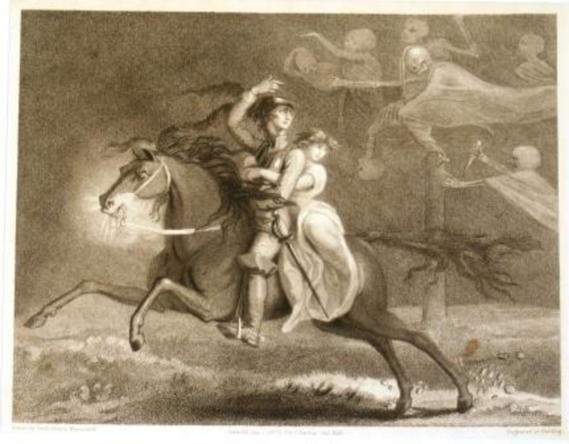 Stipple print showing a man and woman on horseback being chased by skull-headed ghosts.