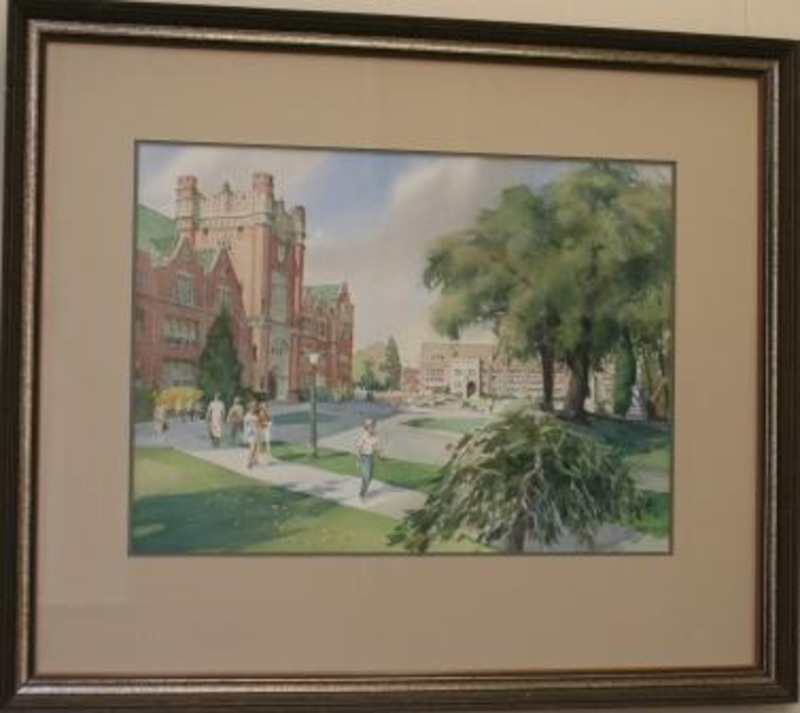 Painting of students walking along the pathways in front of the University of Idaho Administration building. Displayed using a tan matte in a thin gilt wooden frame.