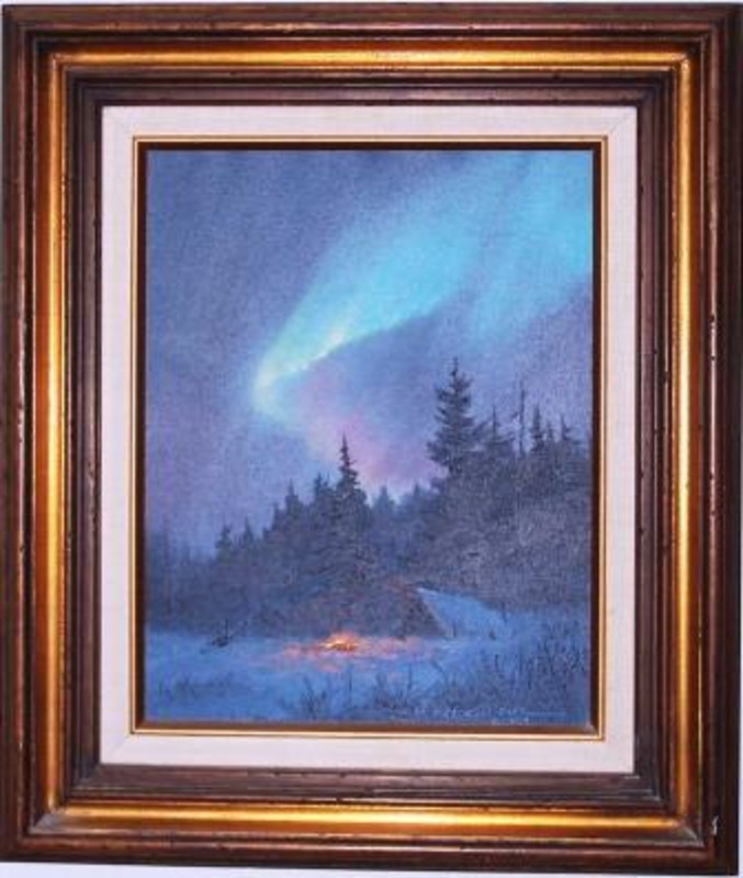 Painting of a night landscape showing a snow covered tent in the woods with a campfire in foreground and the northern lights visible in the sky.