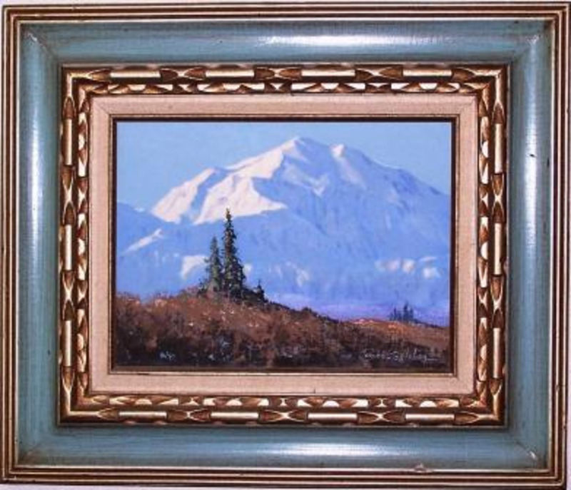 Painting showing trees in a mountain meadow with a snow covered Mt. McKinley in the background.